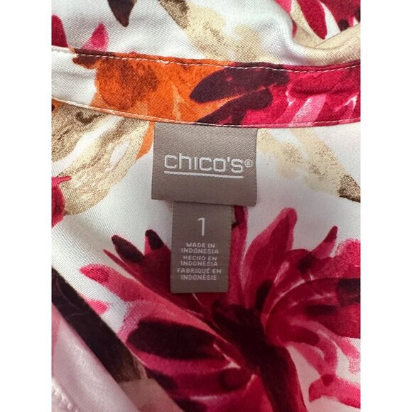 Chico's Womens Pink Floral Collared Button Up Roll Tab Sleeve Size 1 US M - Picture 9 of 13